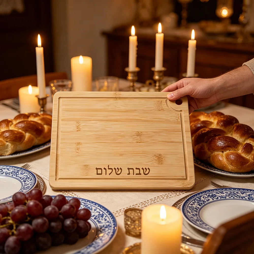Shabbat Shalom Challah Board Bamboo Hebrew Engraved Jewish Gift for Family Friends Housewarming Hostess Gift Hanukkah Passover