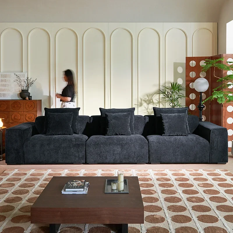 French retro tofu sofa, straight row chenille fabric Italian minimalist down small apartment living room