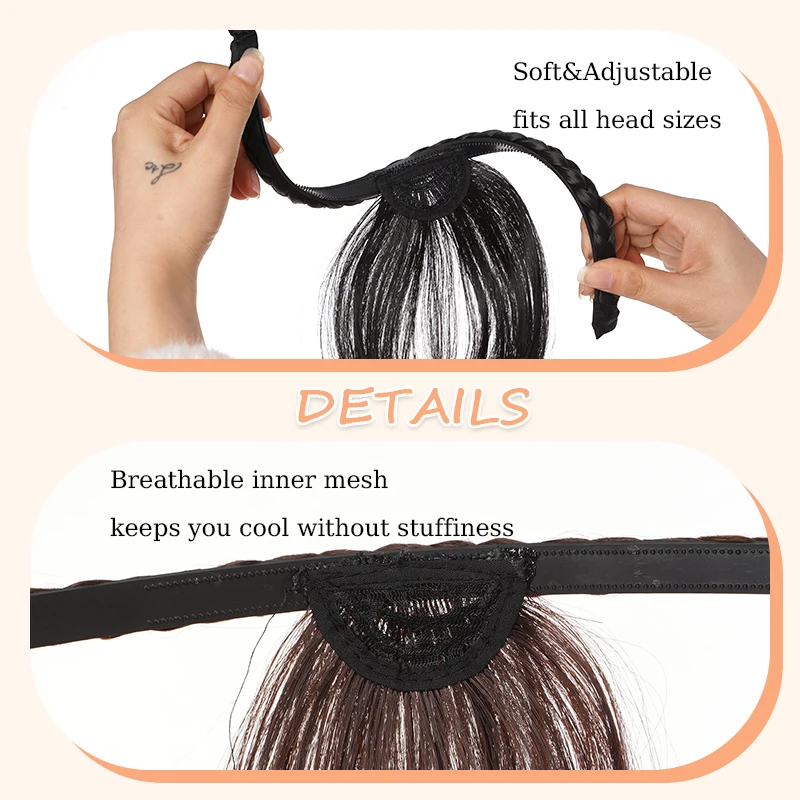 Ikat Kepala Kepang Sintetis dengan Wig Poni Coklat Poni Samping dengan Ikat Rambut Kepang Buatan Tangan untuk Wanita