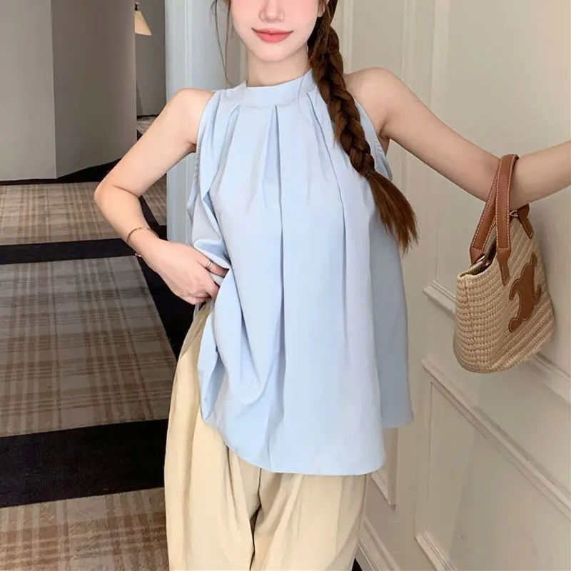 Casual Fashion Pleated Shirts Female Clothing Solid Color Basic Summer Sleeveless French Style Halter Loose Sweet Folds Blouse