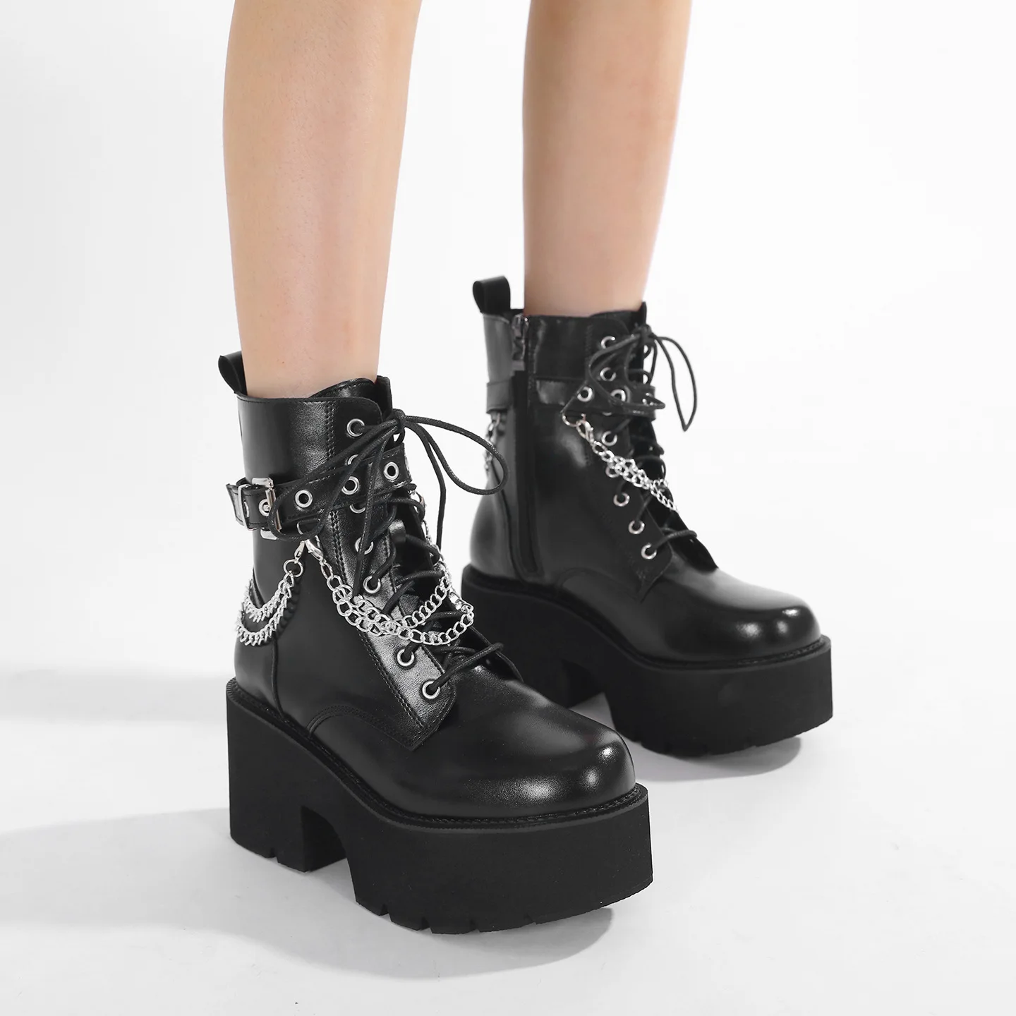 

8cm Women Chain Ankle Boots Black High Chunky Heel Platform Thick Sole Side Zipper Winter Boots Plus Waterproof Fashion Shoes