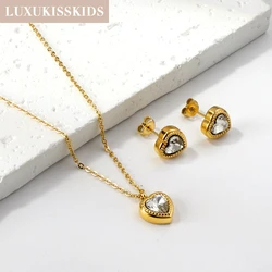 LUXUKISSKIDS Zirconia Heart Shape Jewelry Set Romantic Chic Pendant Necklace Earrings Stainless Steel Luxury Wedding Accessories