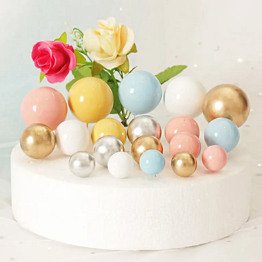 20Pcs Cake Topper Gold Silver Ball Happy Birthday Cake Topper DIY Cupcake Flag Wedding Christmas Ball Decor Birthday Decoration