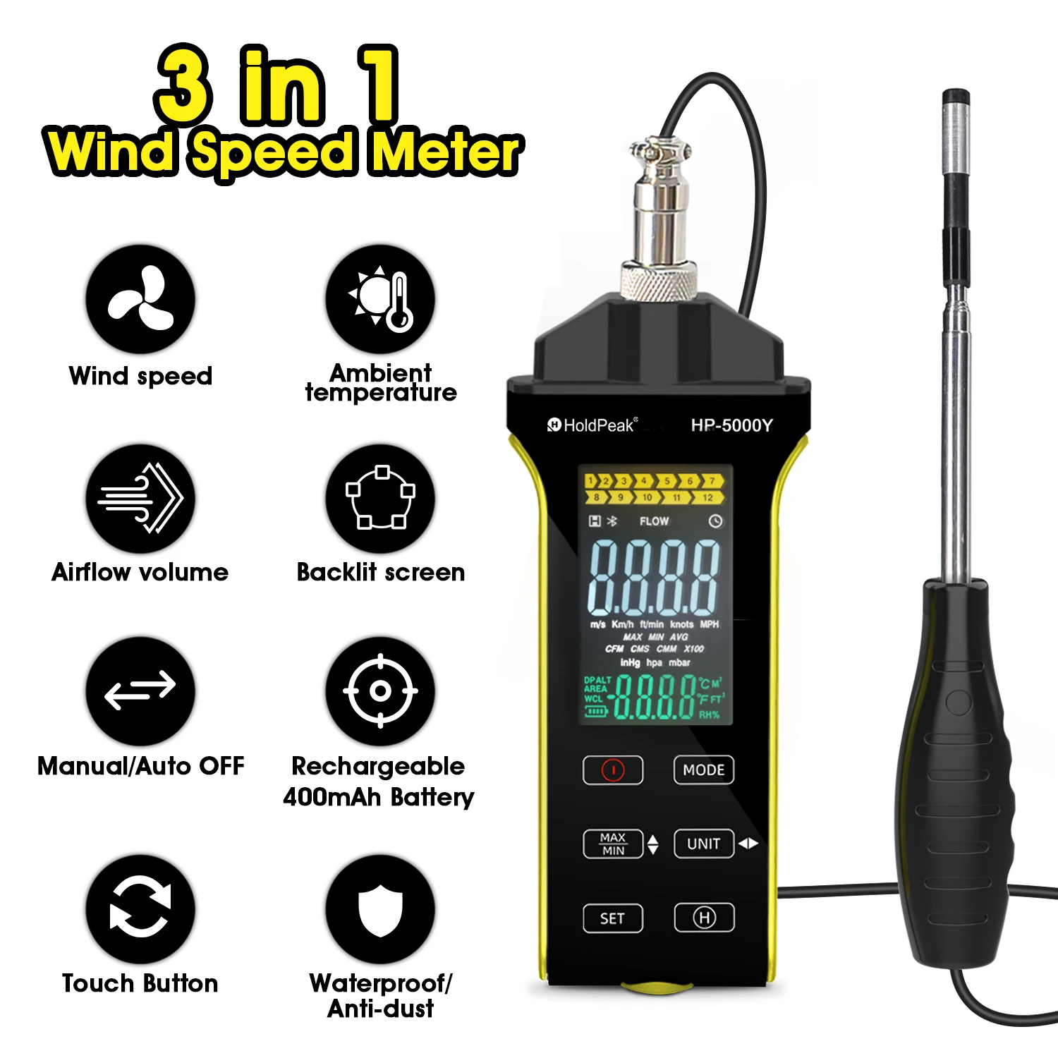 HoldPeak Hot Wire Anemometer Retractable Probe CFM/CMM Air Flow Wind Speed Temp Type-C Rechargeable Color Display HVAC Tester
