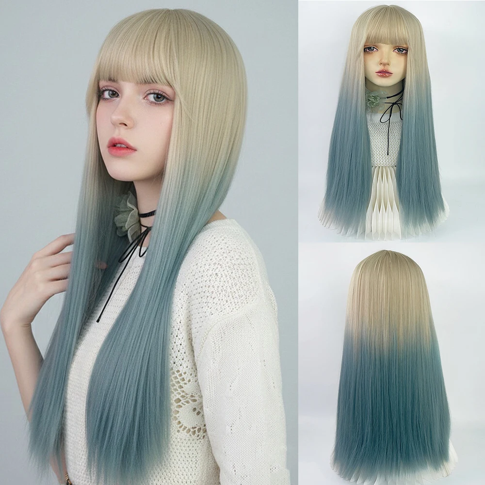 

Синтетический длинный прямой парик омбре, платиновый блонд с градиентом из бирюзового синего, с челкой, для косплея, модных показов, вечеринок в стиле Лолита, искусственные волосы