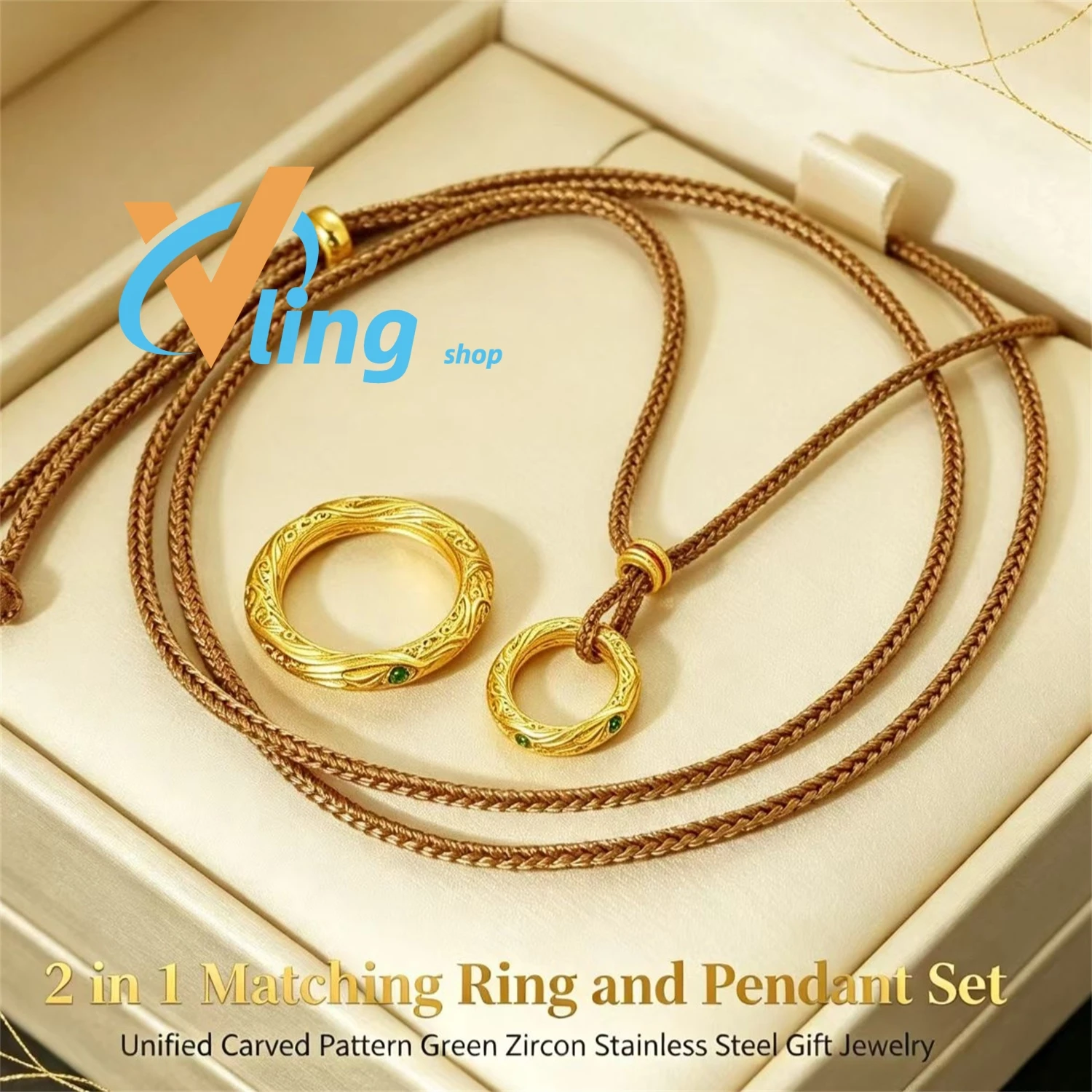 Collar con Anillo de Diseño Significativo, Uso en 2 Formas, Gema Verde, Nudo Ajustable, Colgante para el Dedo, Conjunto de Joyas Hipoalergénicas para Ella
