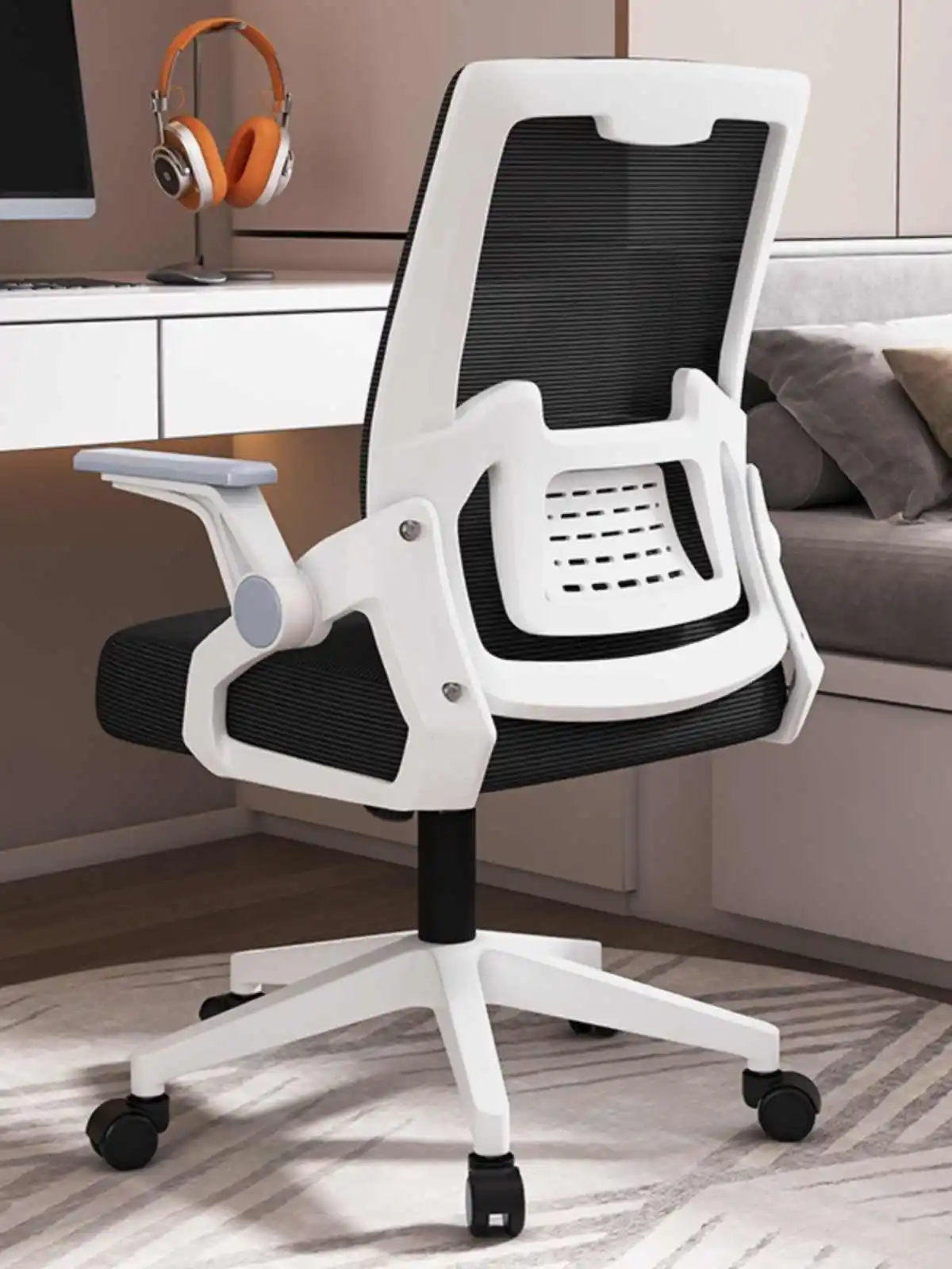 # Cadeira de Escritório Ergonômica Giratória Moderna com Encosto de Malha, Cadeira Executiva Ajustável com Apoio de Cabeça em Tecido PU, Metal e Plást