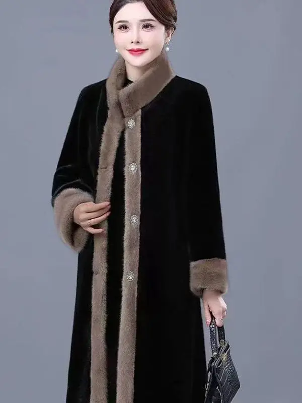 

Теплое утепленное длинное пальто для мамы, осенне-зимняя верхняя одежда, корейское женское пальто-куртка премиум-класса с воротником-стойкой из искусственного меха