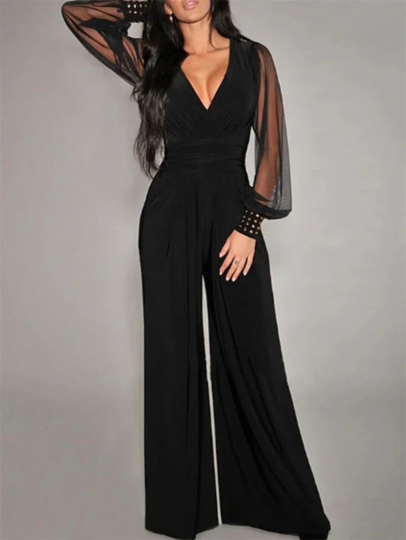 

Elegant Lace Patchwork Jumpsuits Summer Clothes Women Long Sleeve V-Neck Rompers Playsuits Streetwear One Pieces Overalls Outfit