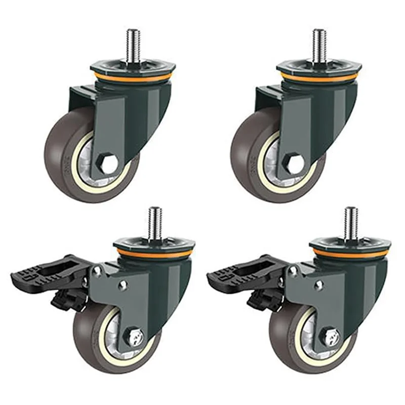 Caster Wheels,4 PCS M16 Thread Heavy Duty TPR Wheels with Brake Universal 360° Swivel Nature Trolley Replacements 3 Inch