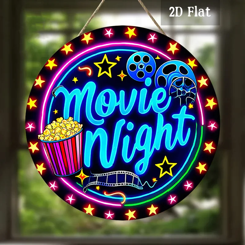2D Metal Sign, 2D Movie Night Popcorn & Film Reel Wood Sign, Neon Starry Sky Wall Art for Home Garage Cafe Decor