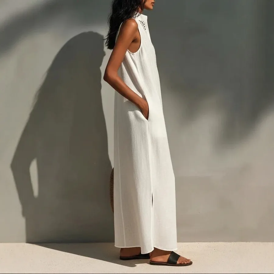 

【New style】2026 Independence summer white sleeveless hollow V-neck long dress, holiday style loose dress