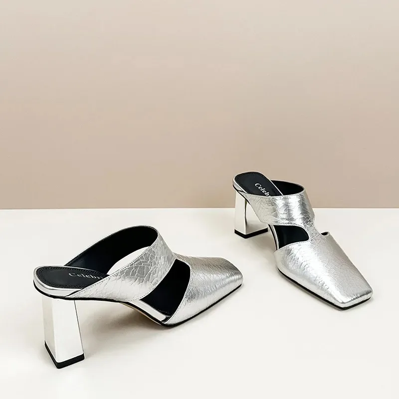 صنادل مماشي للموضة للمرأة فضي ساحة تو أحذية عالية الكعب عادية مصمم كعب مكتنز فستان الحفلات الصنادل Sandalias De Mujer #4