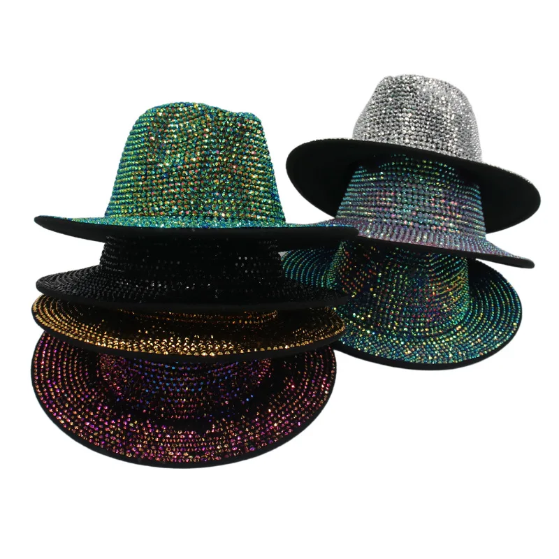 

Rhinestone Fedora Hats Cowboy Hat for Women Men Unisex Cap British Vintage Woolen Jazz Felt Top Hat Shiny Performance Luxury