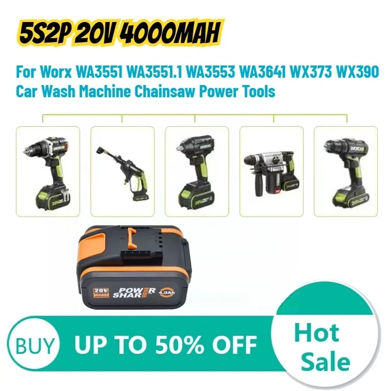

5S2P 20V 4000mAh Rechargeable Battery for Worx WA3551 WA3551.1 WA3553 WA3641 WX373 WX390 Car Wash Machine Chainsaw Power Tools