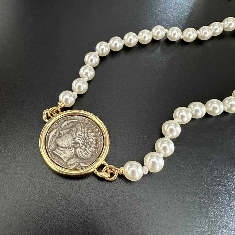 Original Ancient Coin Mizusawa Fairy Pearl Necklace European And American Simple And Trendy Portrait Coin Necklace Muse