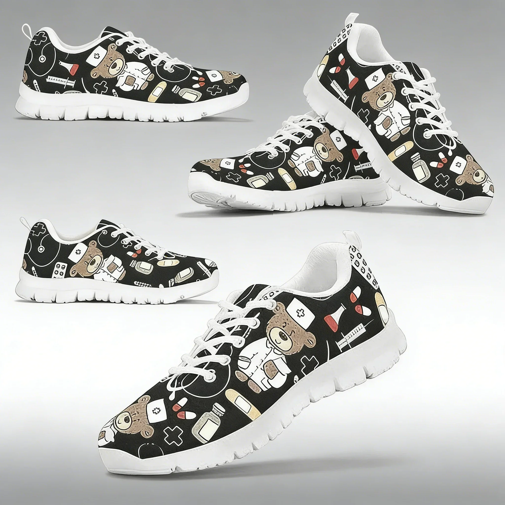 

Cute Cartoon Bear Print Women's Sneakers 2021 Autumn Gradient Lace Up Flats Nursing Shoes
