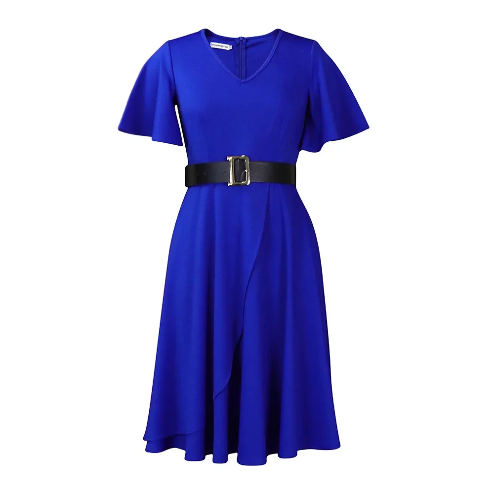 

Polyester African Dresses for Women Summer African Women Short Sleeve V-neck Yellow Blue Knee-length Dress African Clothes S-3XL