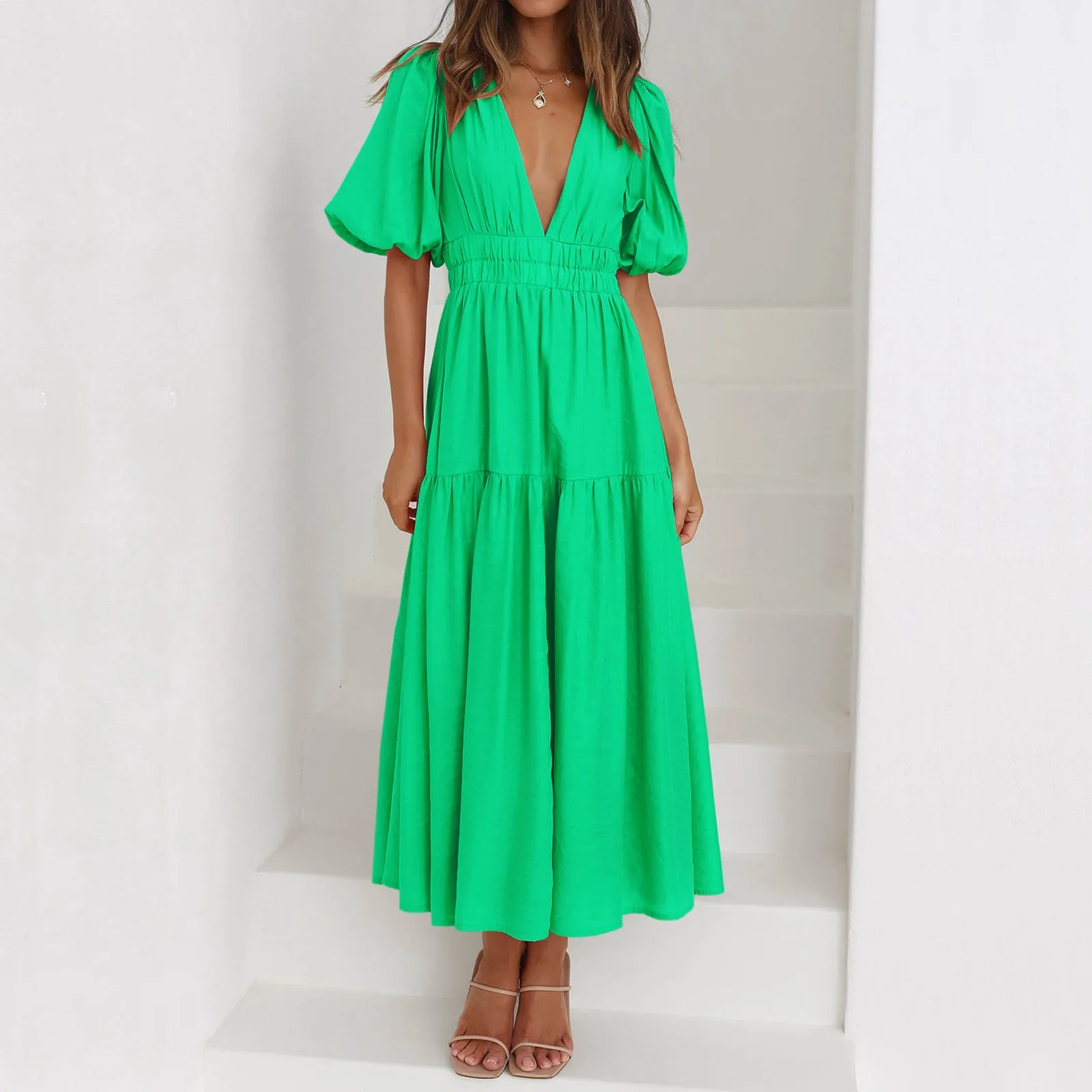 

Women's Summer Sexy Deep V-Neck Long Dress Solid Streetwear Puff Short Sleeve Maxi Dress Female Fashion Slim Waist Plated Dress