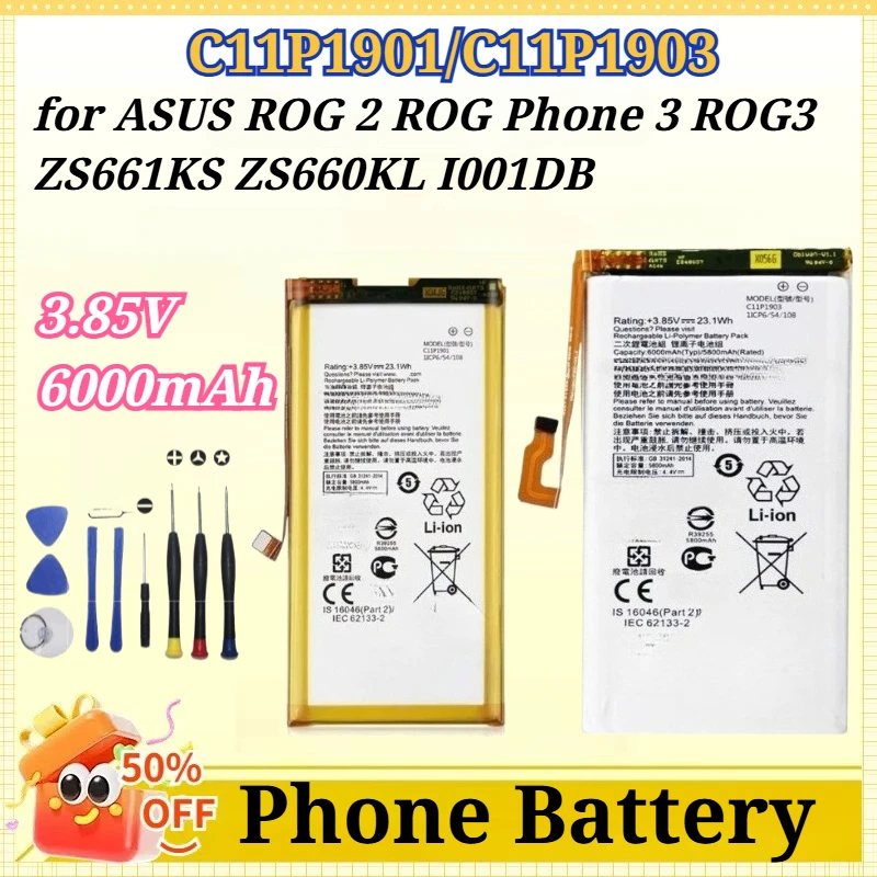 

C11P1901 C11P1903 3.85V 6000mAh Replacement Phone Battery for ASUS ROG 2 ROG Phone 3 ROG3 ZS661KS ZS660KL I001DB+Free Tools