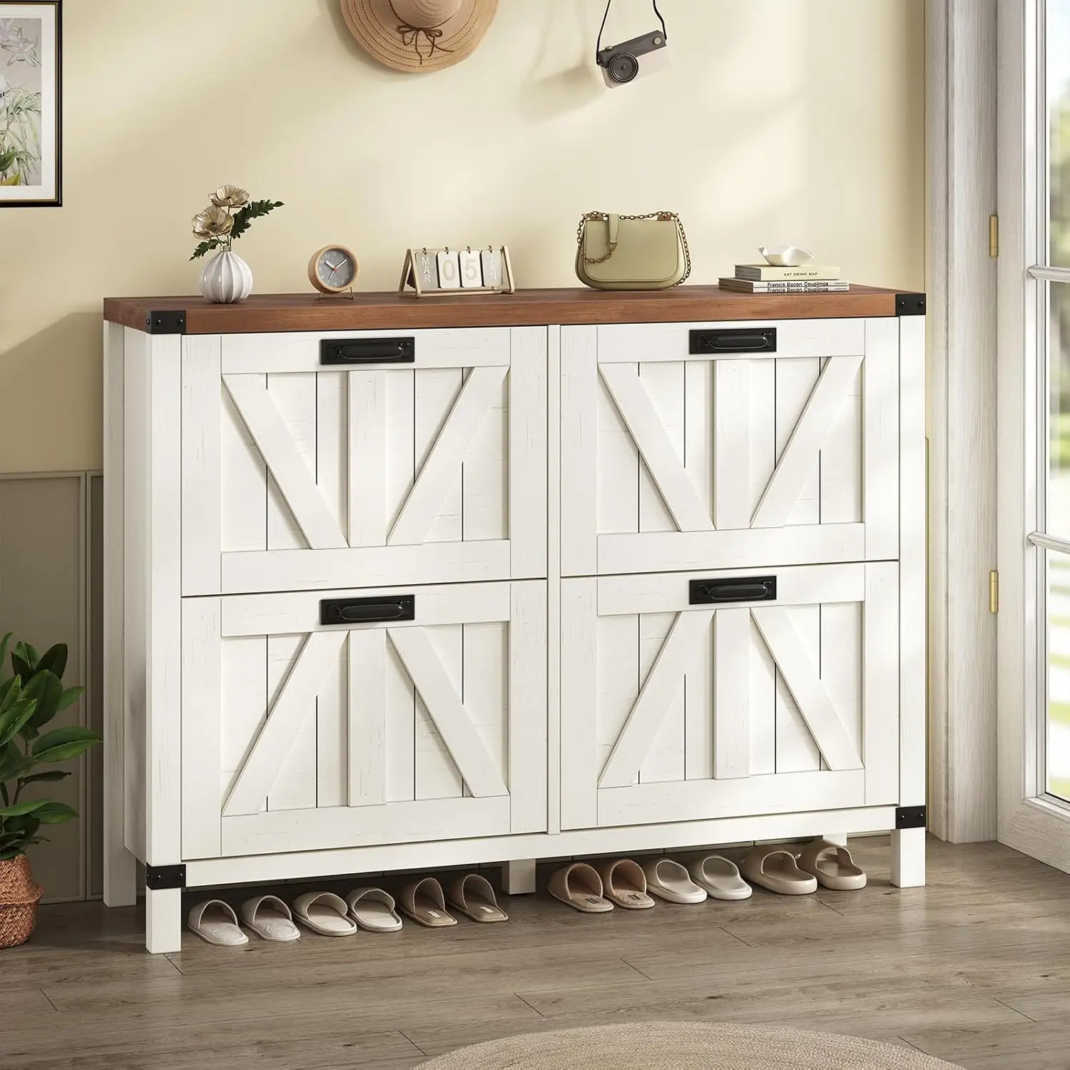 47" Farmhouse Shoe Cabinet with 4 Flip Drawers for Entryway, Hallway | Slim Shoe Rack Freestanding Shoe Organizer, Customized