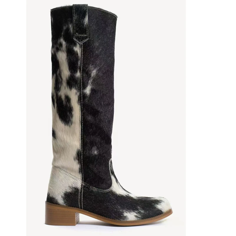 Women Cow Print Hair Round Toe Block Heel Knee High Boots Western Cowgirl Boots Slip On Vintage Speckled Long Riding Boots