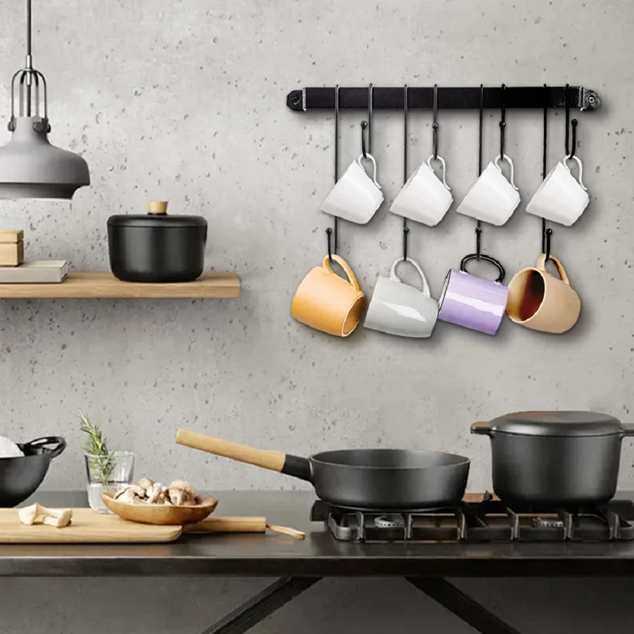 Kitchen Hook Rack for Cups, Spatulas, and Spoons, Modern Minimalist Black Iron Bar, Long and Short Hooks, Wall-Mounted Hook Rack with 8 Hooks