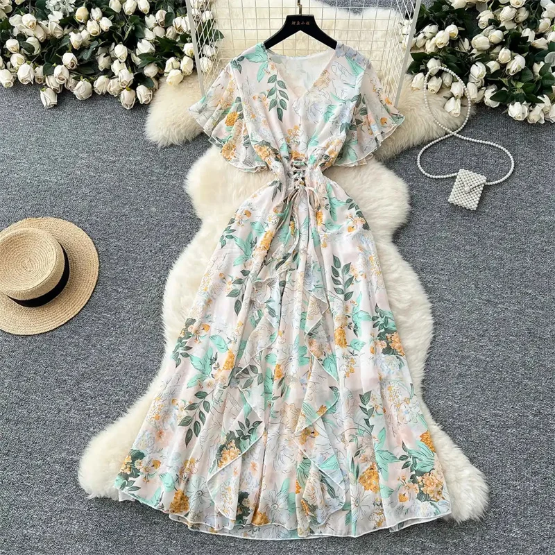 여성 쉬폰 플로럴 롱 드레스 한국 스타일 V넥 반팔 A라인 파티 드레스 여름 보헤미안 프린트 비치 원피스