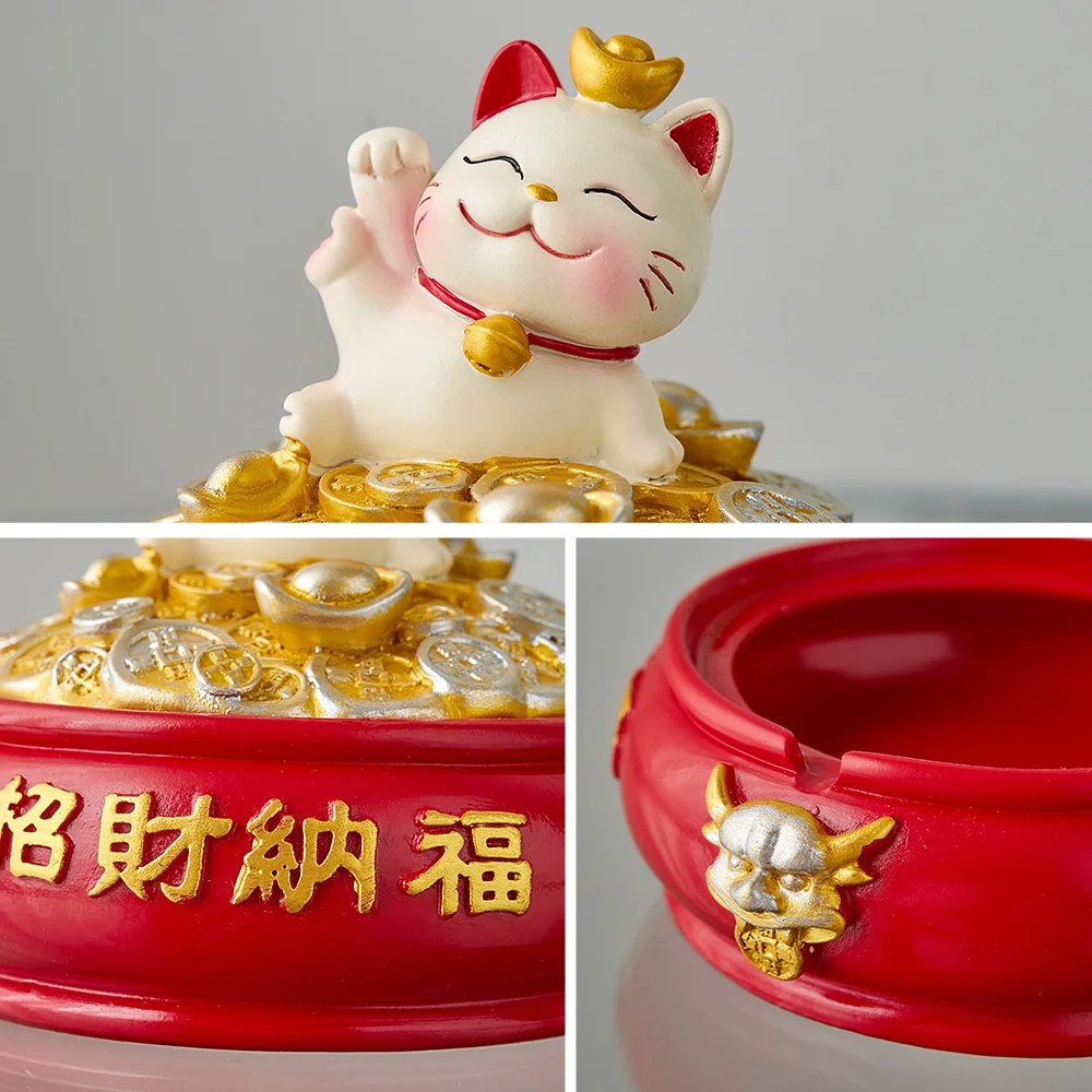 Ashtray with Lid Windproof Lucky Cat Figurines Home Decor Fortune Cat Organizer Key Storage cat ashtray Cigar desk accessories