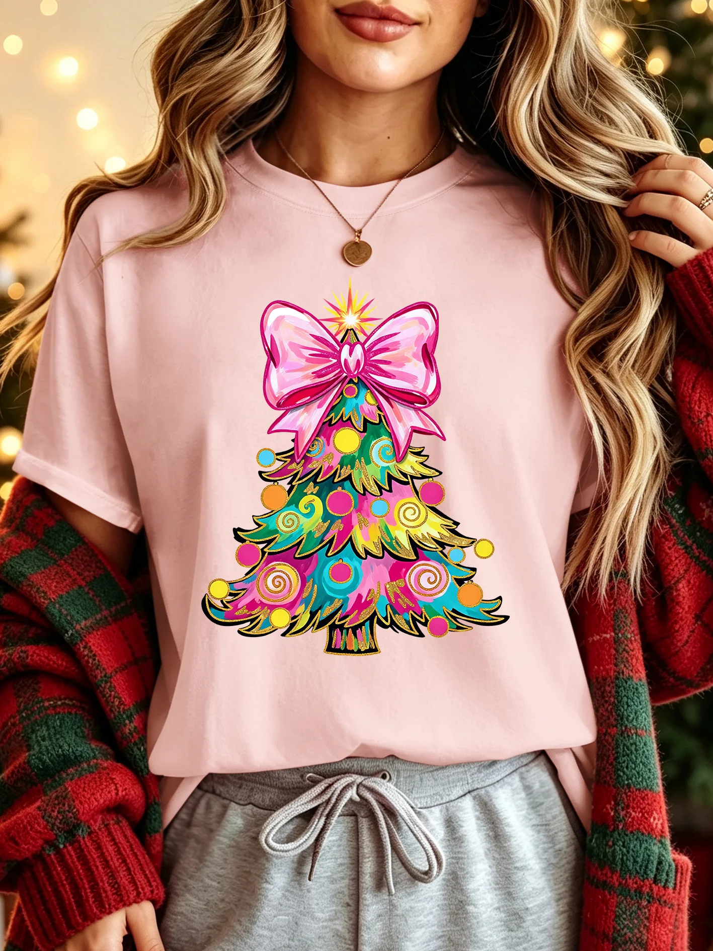Colorful Bow Christmas Tree Graphic Family Matching T Shirt Boys Girls Parent Kid Short Sleeve Tee For Party Daily Casual Outfit