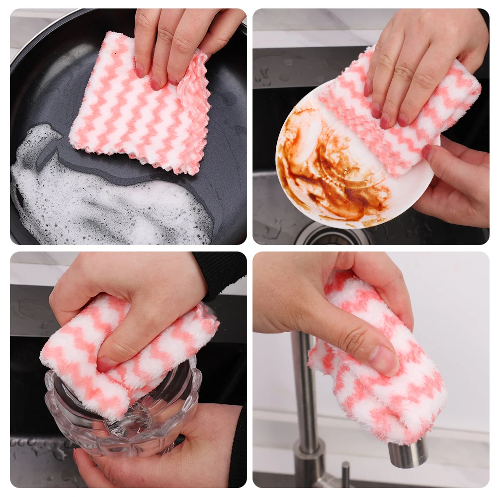 1/10Pcs Coral Fleece Dishcloths Thickened Absorbent Drying Cloth Kitchen Scouring Pad Not Stick Oil Rags Household Cleaning Wipe