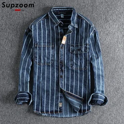 Supzoom 2022 New Arrival Top Fashion Brand Clothing Denim Full Turn-down Collar Open Stitch Striped Men Chemise Casual Shirts