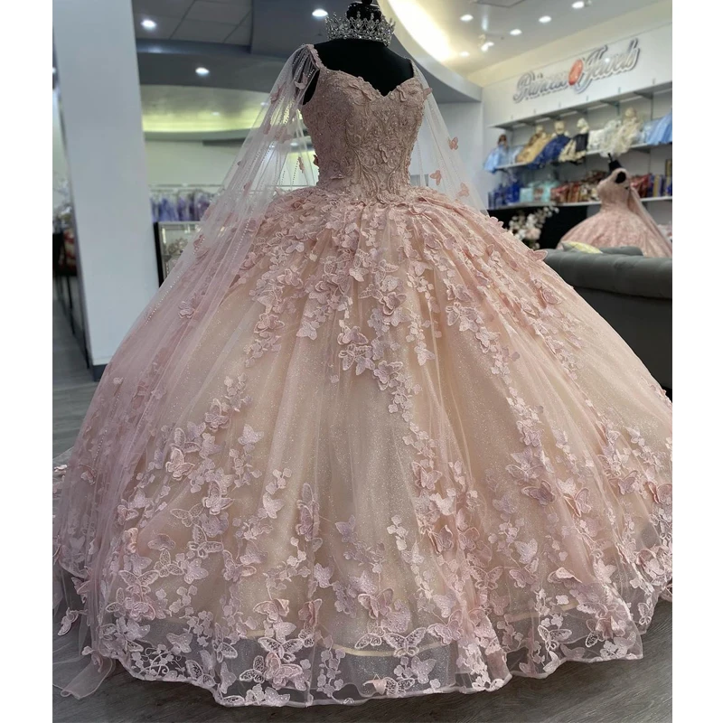 

Shinny Pink Vestido De 15 Años Princess XV Quinceanera Dresses With Cape Butterfly Applique Beadig Sweet 16 Prom Gowns