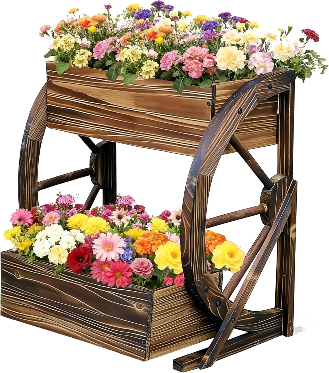 Indoor/Outdoor Wooden Wagon Garden Planter with Wheels, 2 Tier for Flowers, Herbs and Vegetables