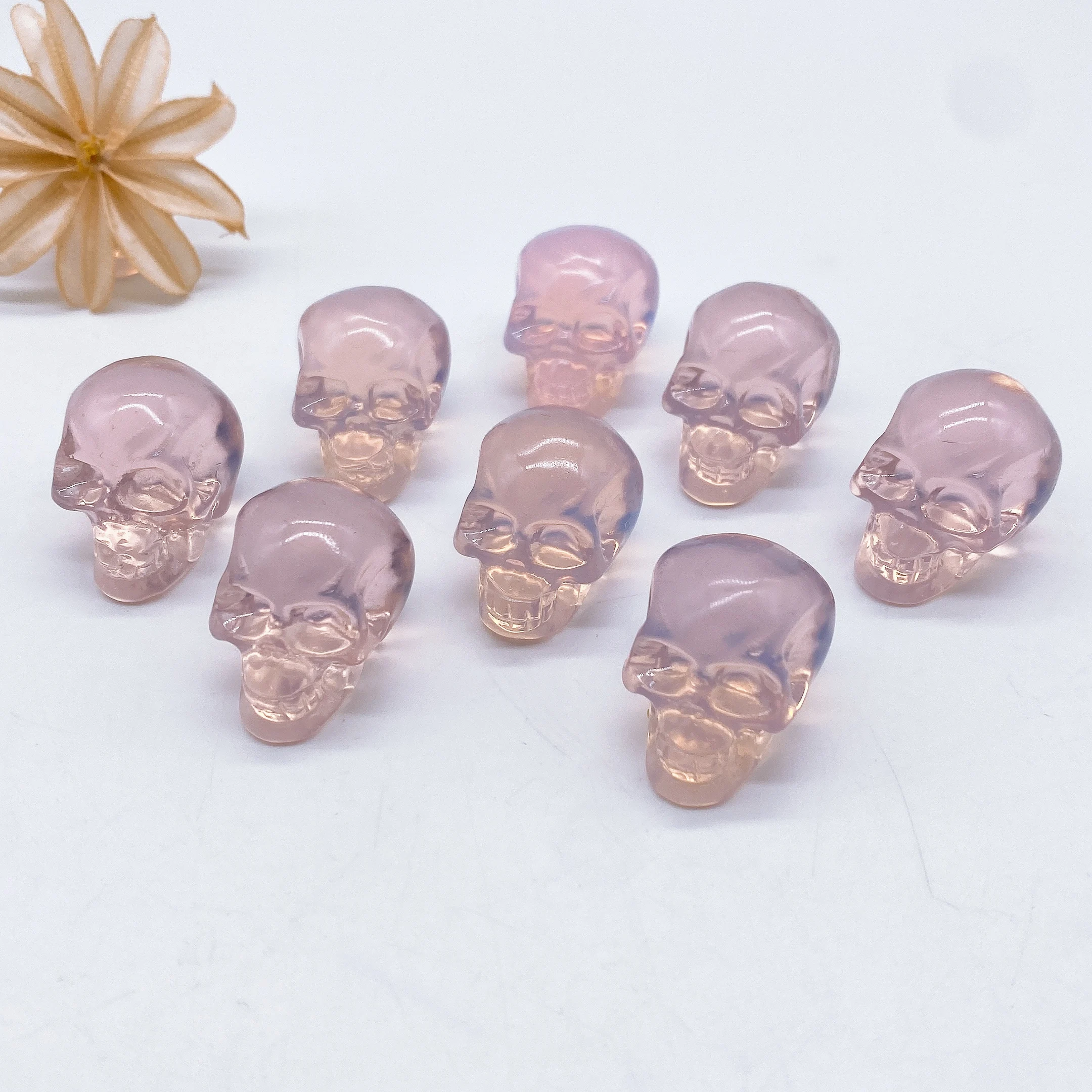 30MM Pink Opalite Mini Skull Head Statue Crystal Quartz Stone Cranium Witchcraft Figurine Hand Carved Home Decor Halloween Gift
