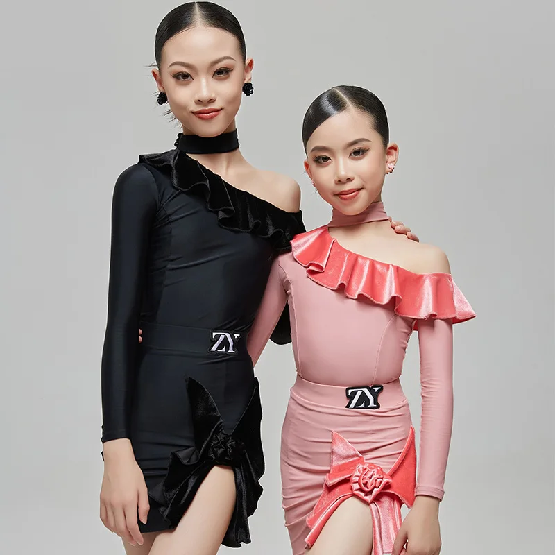 

Latin Dance Dress Performance Clothes For Girls Slant Shoulder Dress Chacha Rumba Latin Practice Wear Competition Dress DQL9450