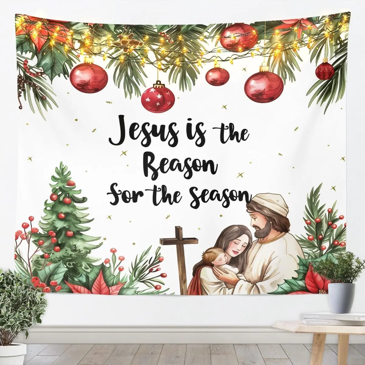 Santa Claus Tapestry,Red Berry Holly Leaves Wall Hanging Art Christmas Gifts Wall Blankets Vintage Watercolor Poster Tapestries