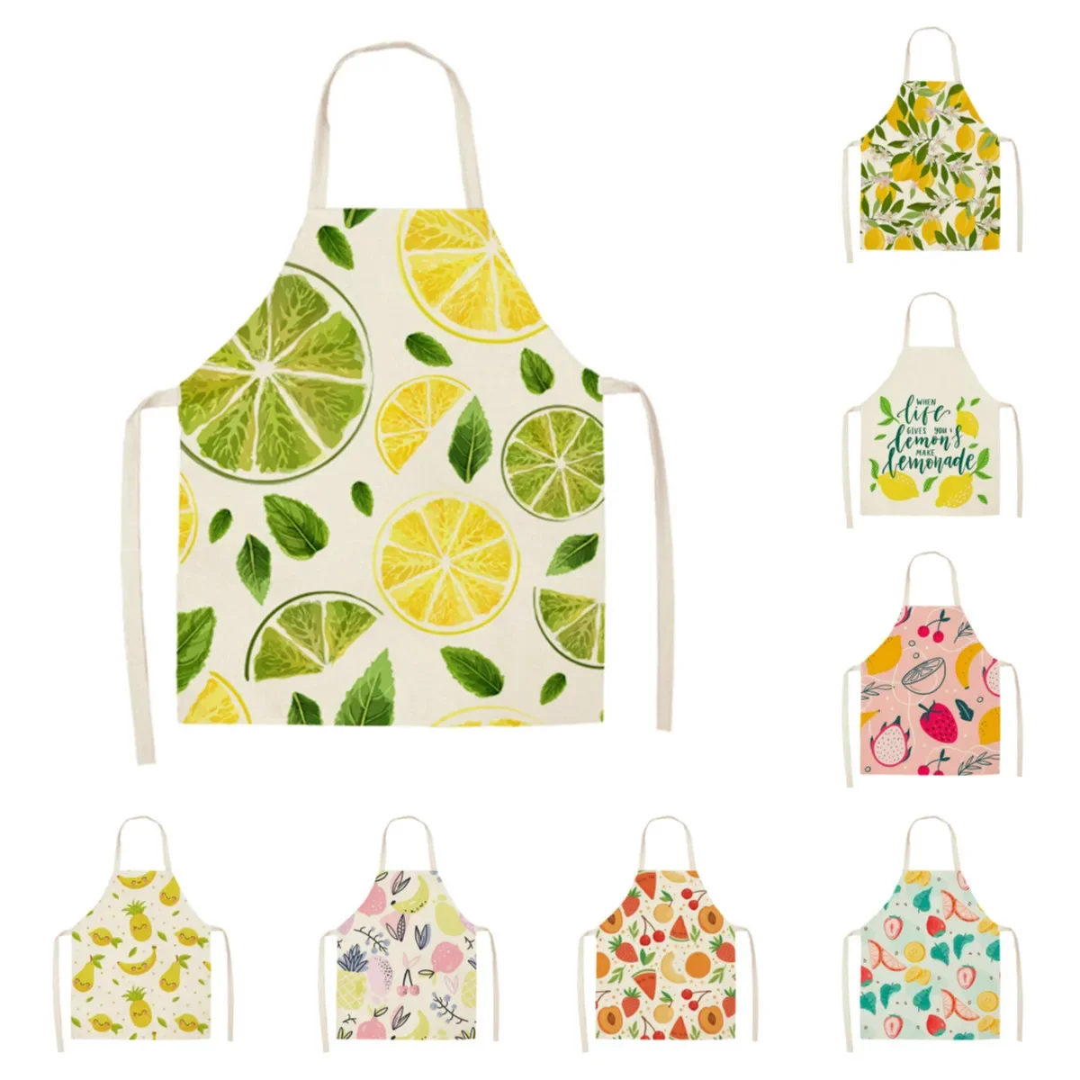 Summer fruit pattern printing children's flax apron kitchen cooking cuffless oil -proof pollution apron house cleaning tool