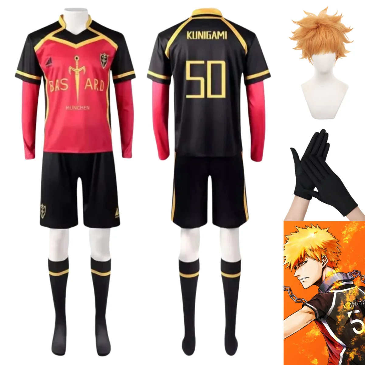 Costumes de Cosplay Anime Blue Lock Kunigami, perruques Rensuke, maillot de football de l'équipe Bastard Munchen # 50 Ensemble d'uniforme de football Kunigami pour hommes