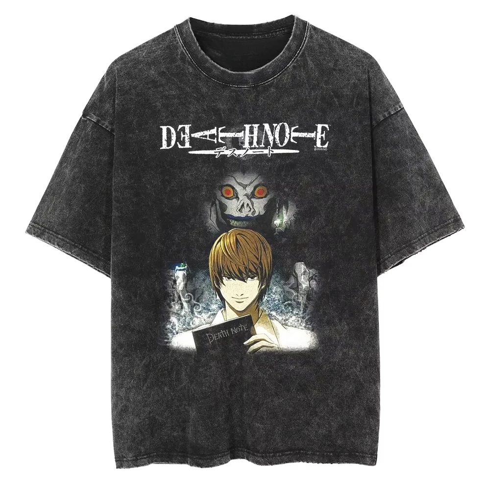 

2025 Men Washed T Shirt Hip Hop Streetwear Japanese DEATH Graphic T-Shirt Vintage Anime Tops Cotton Summer Short Sleeve Tshirt