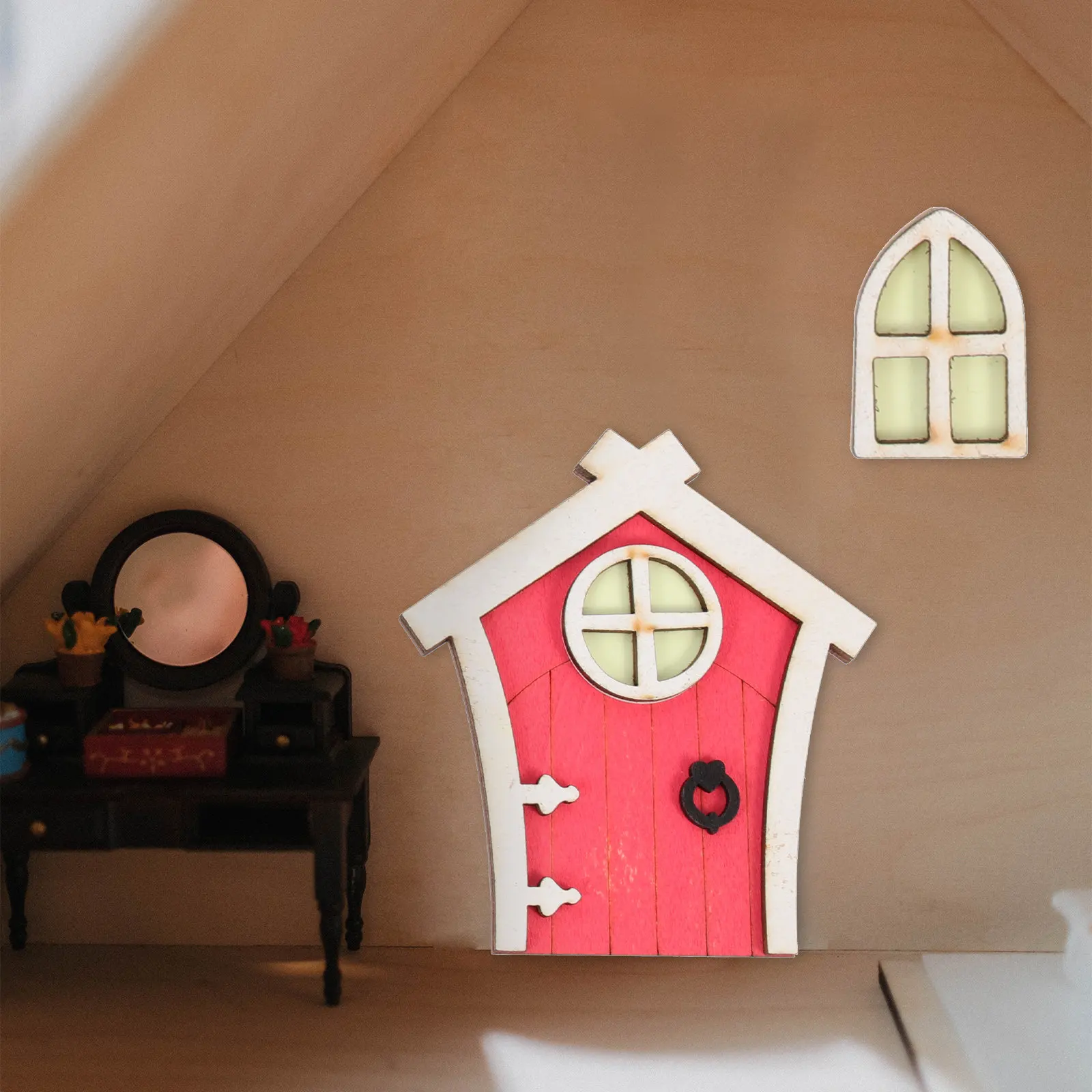 

3 комплекта миниатюрных деревянных дверей для сада, светящиеся подвесные украшения для дома, декор из натурального дерева, украшение для деревьев, декоративные двери для фей