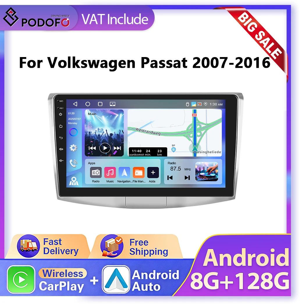 Autoradio Android 2DIN da 9" Podofo con CarPlay, stereo intelligente per auto, compatibile con Volkswagen VW Passat B6 B7 CC 2007-2016, lettore multimediale per auto con GPS, 4G, WIFI, supporto SWC,