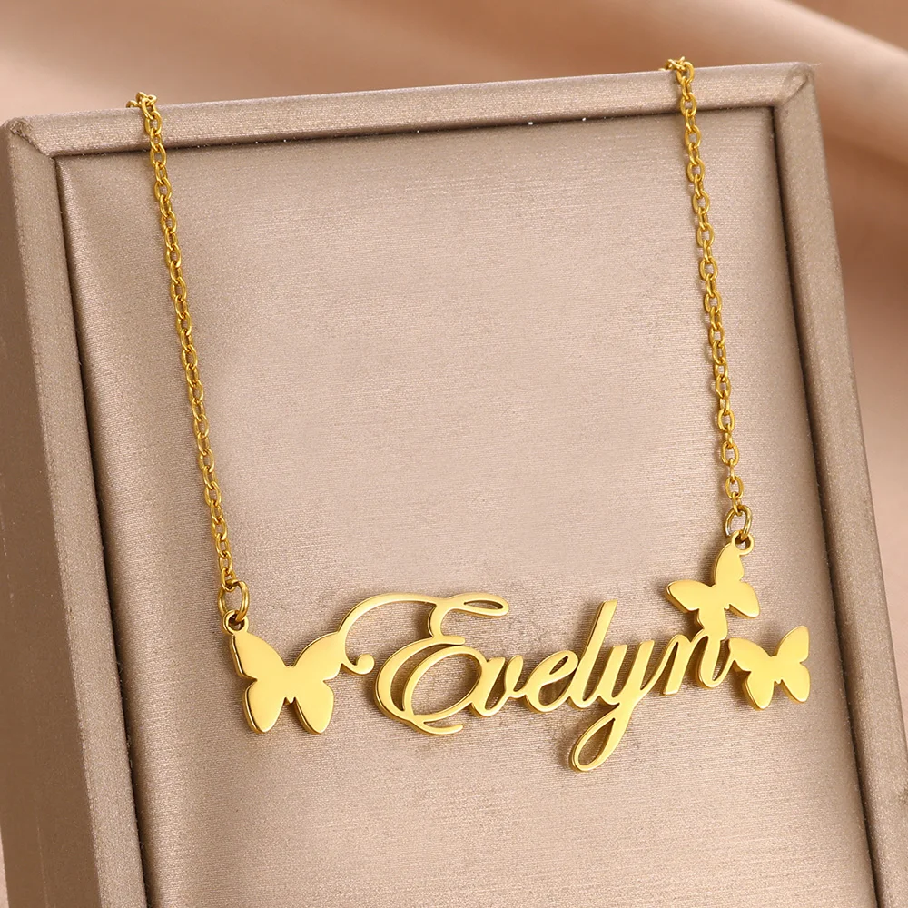 Collar personalizado con nombre de mariposa para mujer y niña, joyería de acero inoxidable, colgante con nombre, regalo para ella