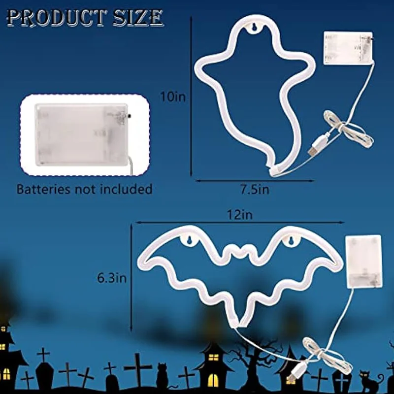 2 упаковки Хэллоуин призрак светодиодный неоновый свет летучая мышь огни настенный декор для Хэллоуина вечеринка Крытый домашний декор окна