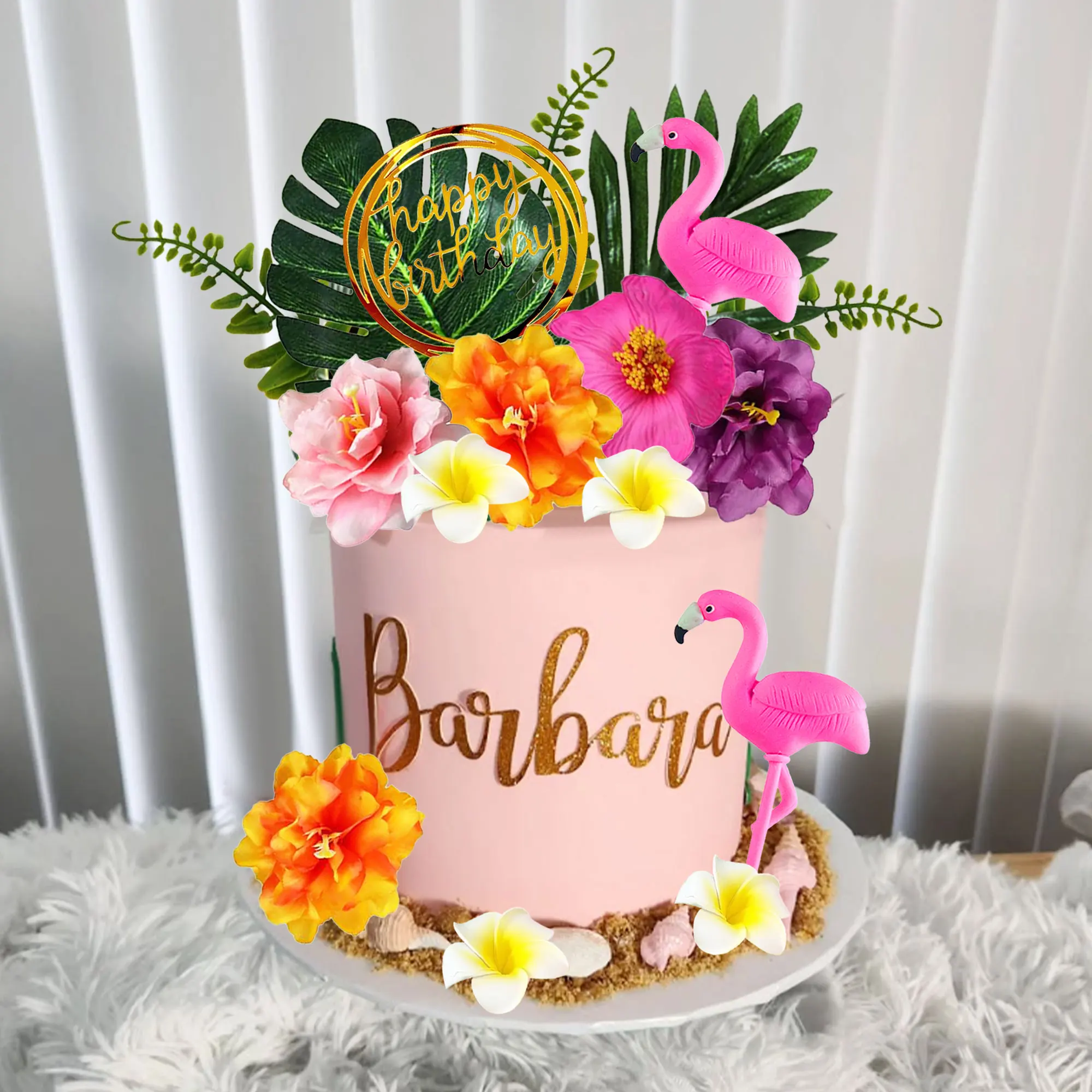 LaVenty Tropical Flamingo Geburtstagstorte Topper Strand Kuchen Dekorationen Hawaiianische Kuchen Topper Strand Kuchen Dekorationen für Geburtstag – Detail 6