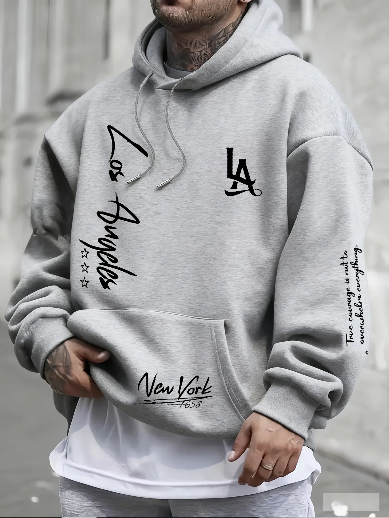 Oversized Hoodie Men LA Los Angeles New York Script Print Streetwear Retro Typography Autumn Winter Casual Sweatshirt Loose Fit