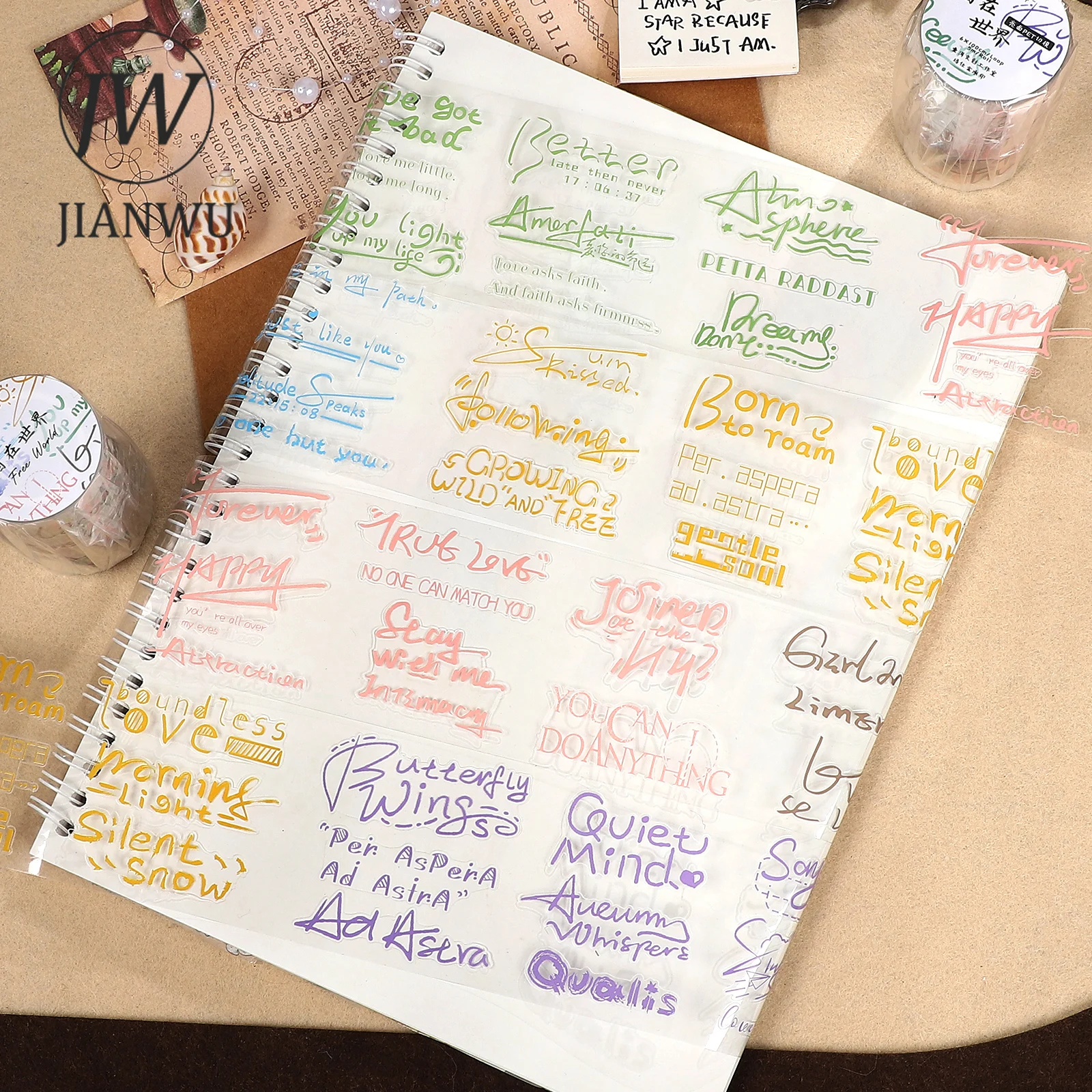 fita-adesiva-pet-jianwu-60mm-5m-vintage-colorida-com-texto-em-ingles-para-scrapbooking-colagem-e-papelaria-criativa-diy