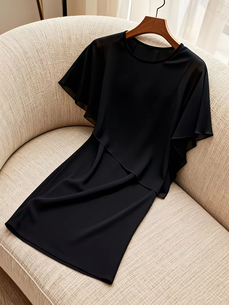 Eleganter Sommer-Schal mit Rundhalsausschnitt und Chiffon-Ärmeln für Damen, passend zu einfarbigen knielangen Bleistift-Bodycon-Kleidern. – Detail 7