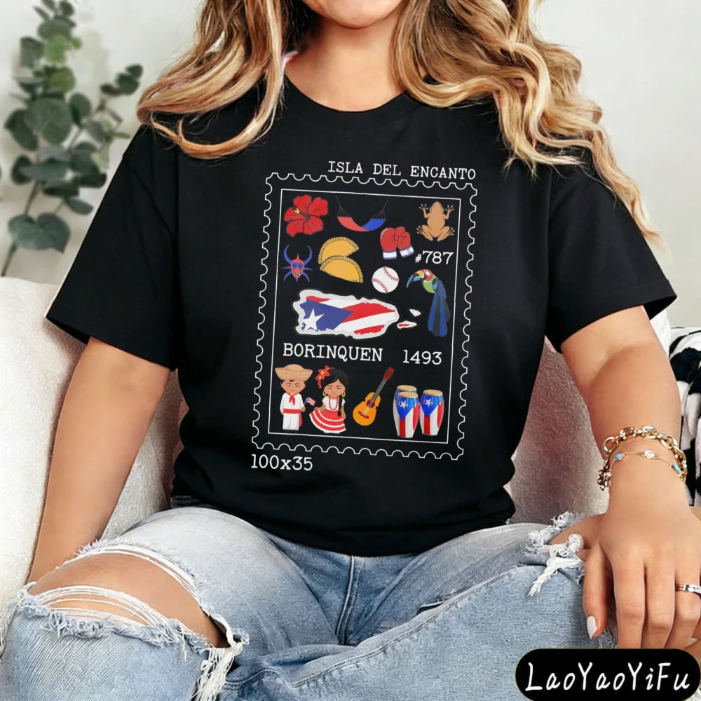 Puerto Rico Stamp Shirt Boricua Flag T-Shirt Puerto Rican Souvenir Tshirt Retro Style Travel Clothing Women Casual Cotton Tops