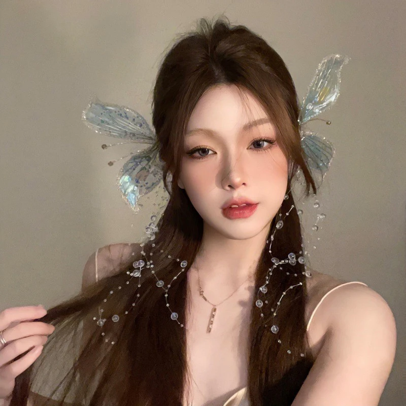 2024 New Crystal Butterfly Wing Hair Clip Female Atmosphere Photography Ancient Costume Accessories Headgear Girl's Hair Clip